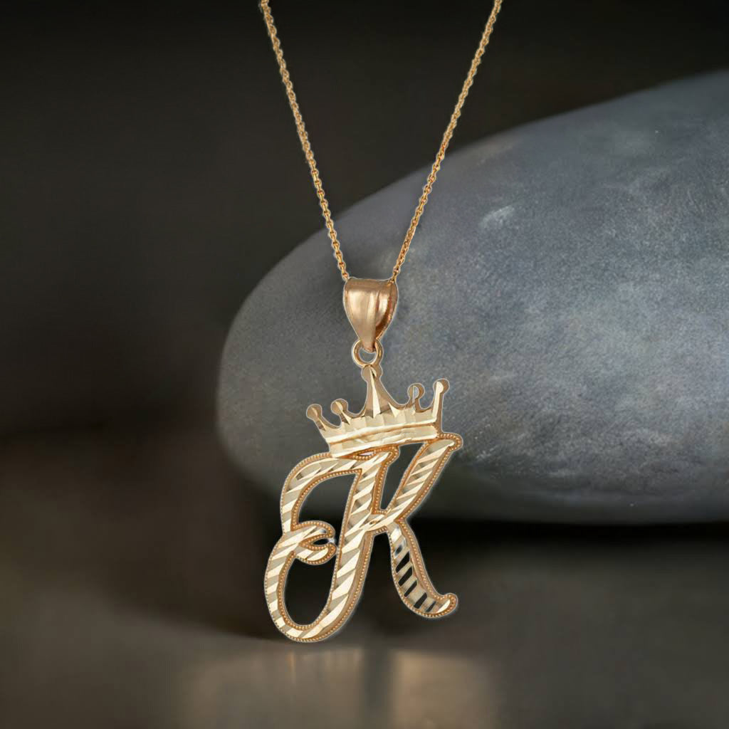 Gold Alphabet Cursive Letter 'K' Initial DC Pendant Necklace (yellow, white, rose, 10K, 14K)