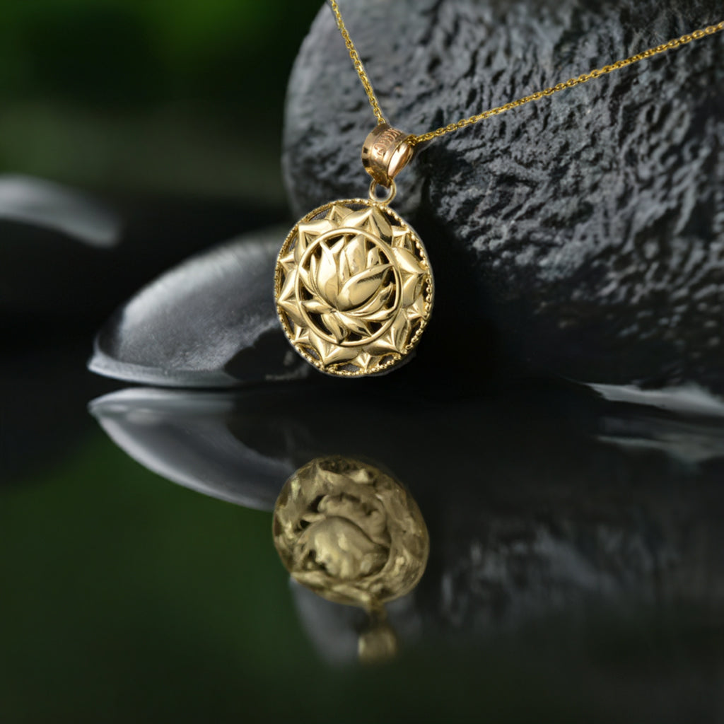 Gold Lotus Mandala Pendant Necklace (10k/14k/yellow/white/rose)