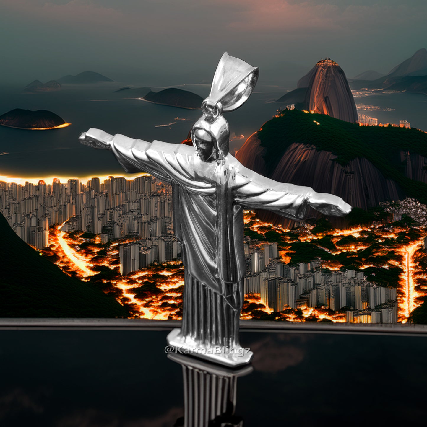 Sterling Silver Jesus Christ The Redeemer Cross Brazil Rio Statue Pendant