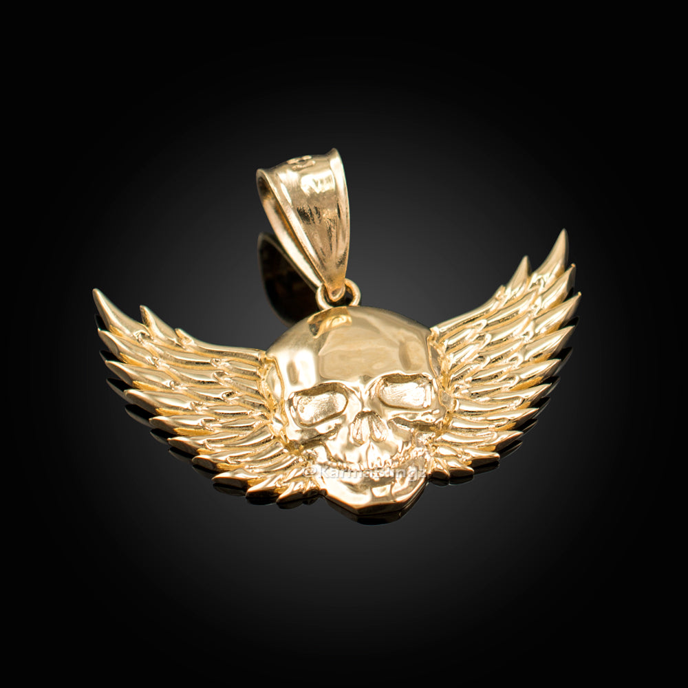 Polished Gold Winged Skull Pendant (yellow, white, rose gold, 10K, 14K)