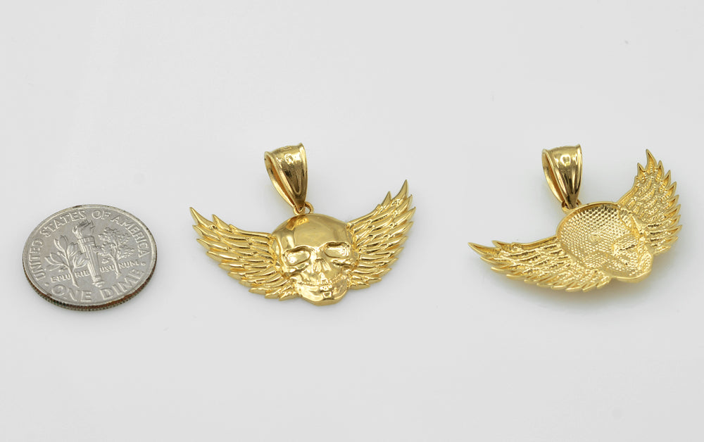Polished Gold Winged Skull Pendant (yellow, white, rose gold, 10K, 14K)