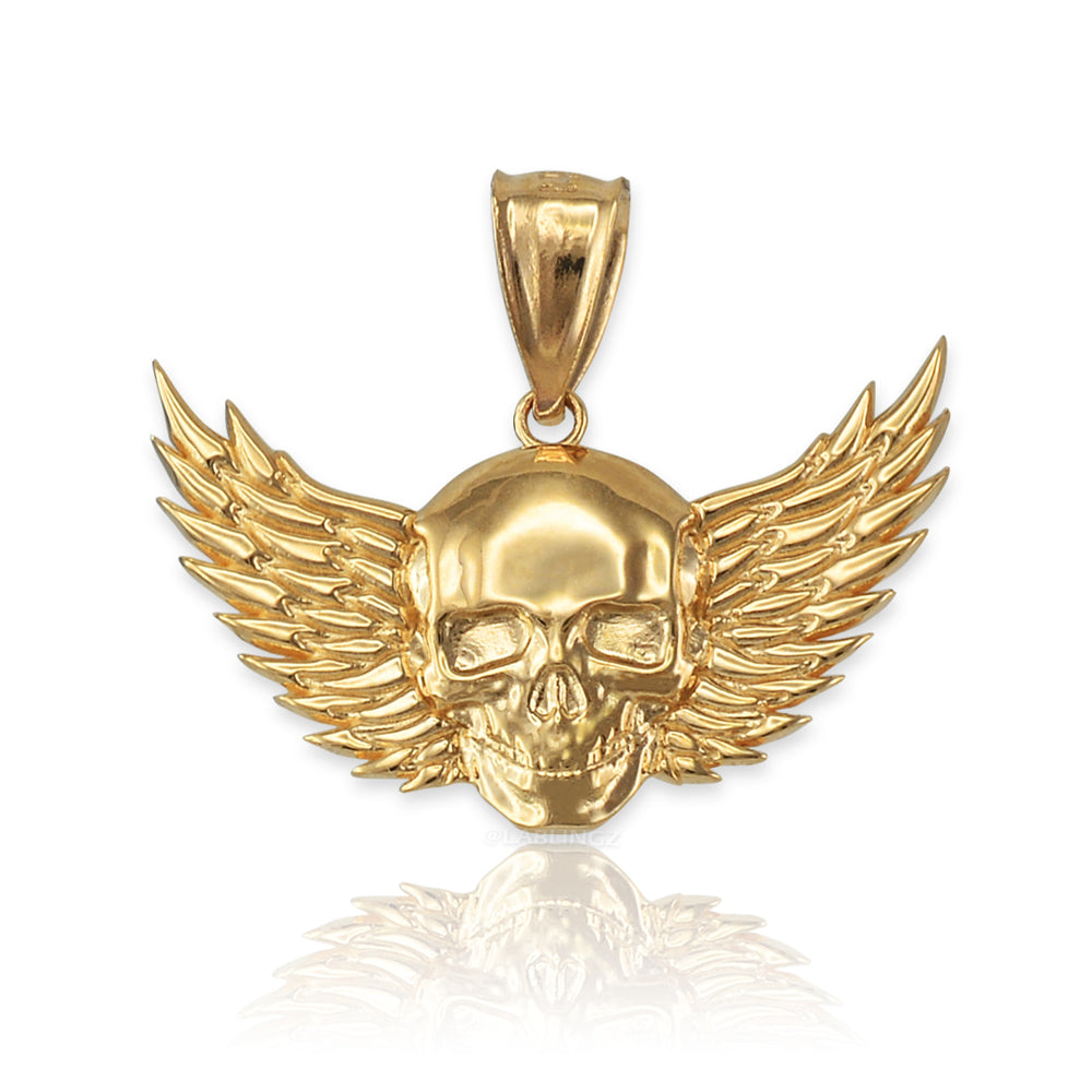 Polished Gold Winged Skull Pendant (yellow, white, rose gold, 10K, 14K)