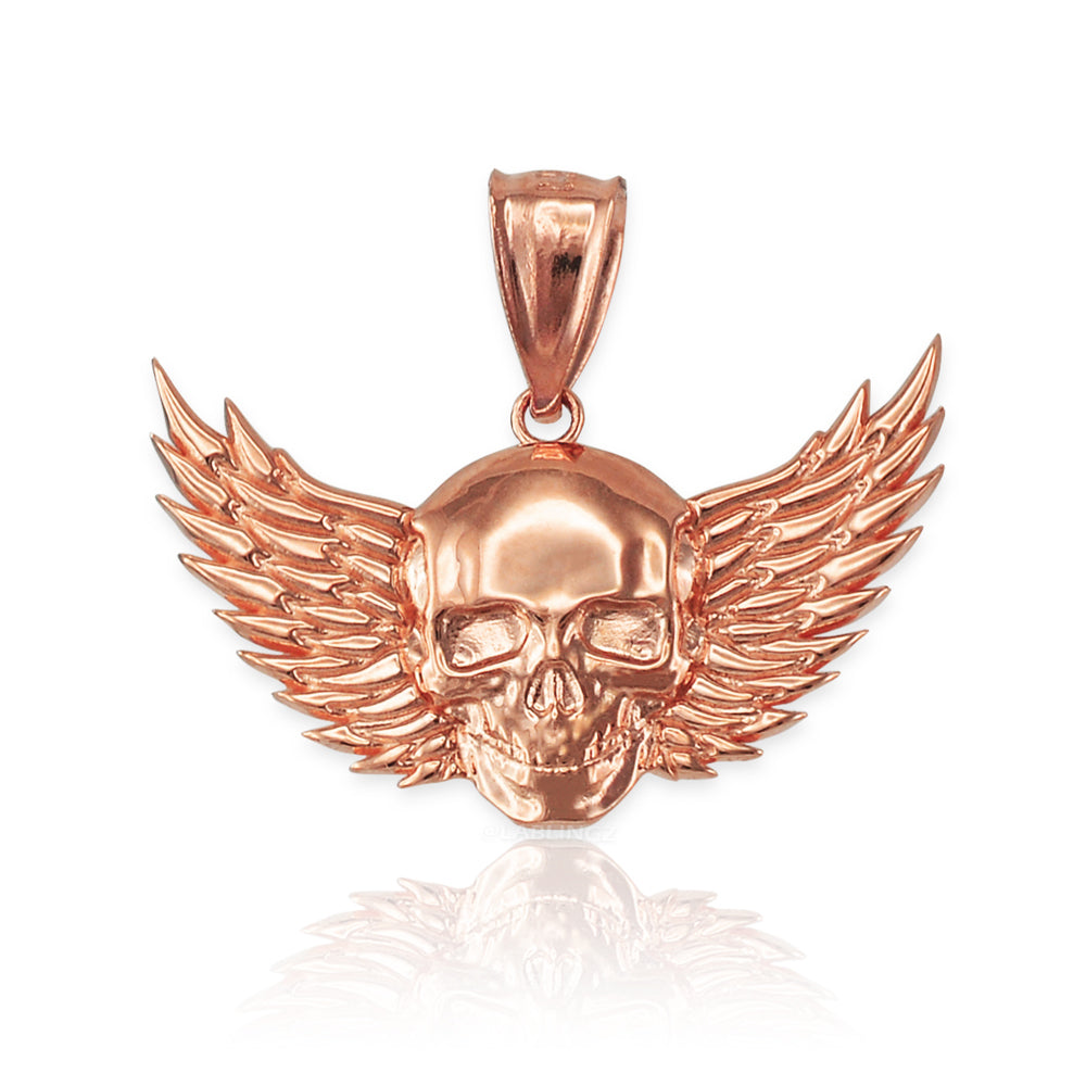 Polished Gold Winged Skull Pendant (yellow, white, rose gold, 10K, 14K)