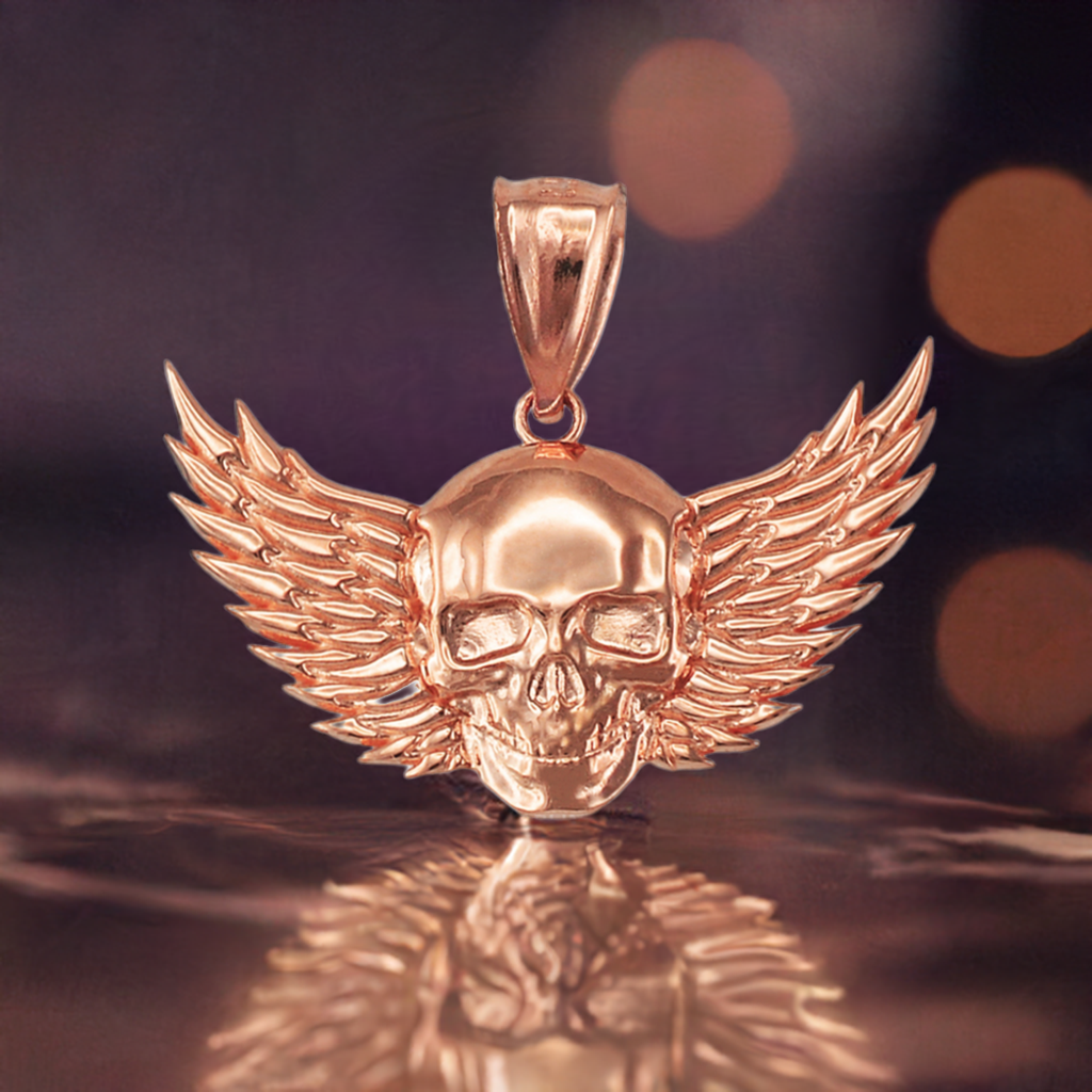 Polished Gold Winged Skull Pendant (yellow, white, rose gold, 10K, 14K)