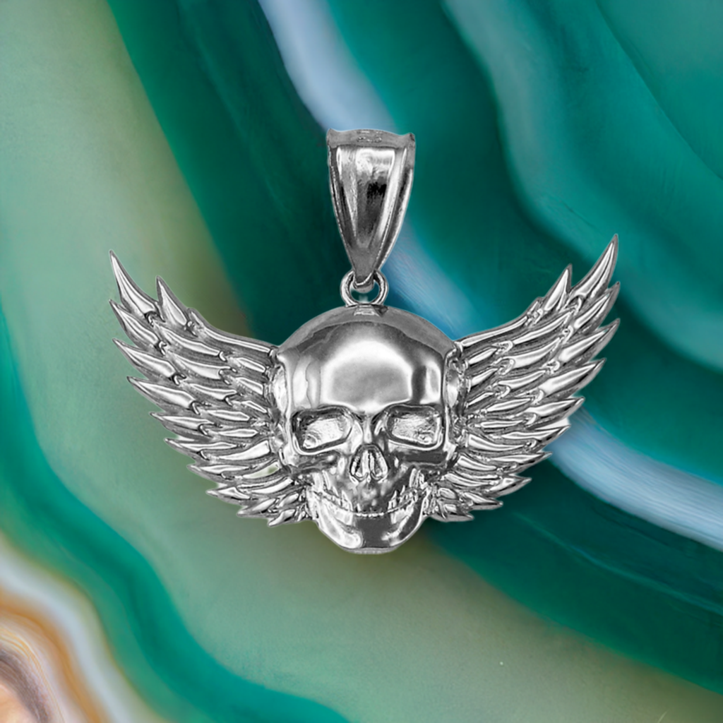 Polished Gold Winged Skull Pendant (yellow, white, rose gold, 10K, 14K)