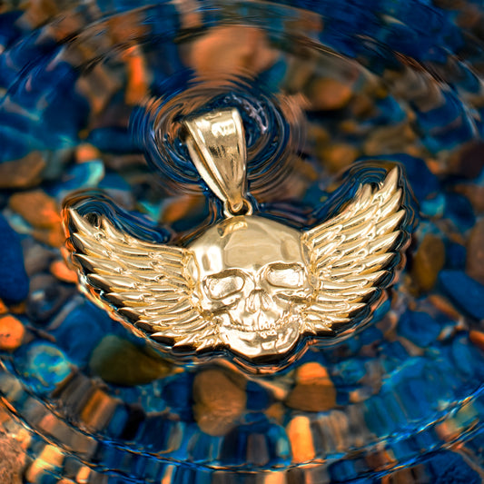 Polished Gold Winged Skull Pendant (yellow, white, rose gold, 10K, 14K)