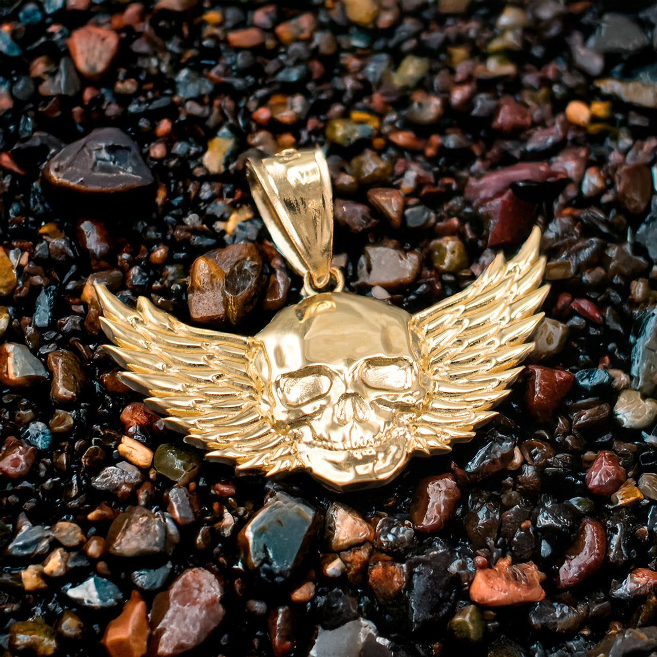 Polished Gold Winged Skull Pendant (yellow, white, rose gold, 10K, 14K)