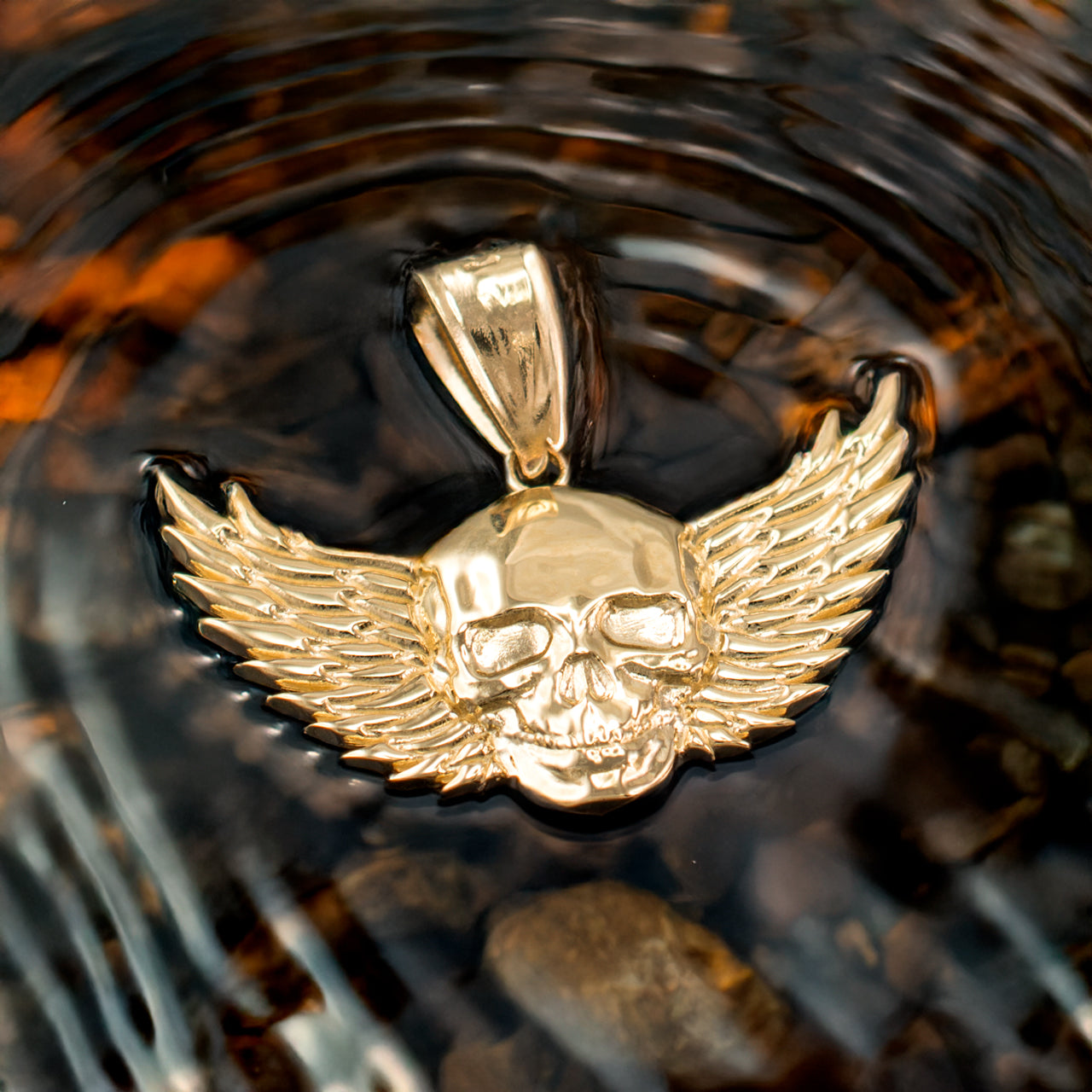 Polished Gold Winged Skull Pendant (yellow, white, rose gold, 10K, 14K)