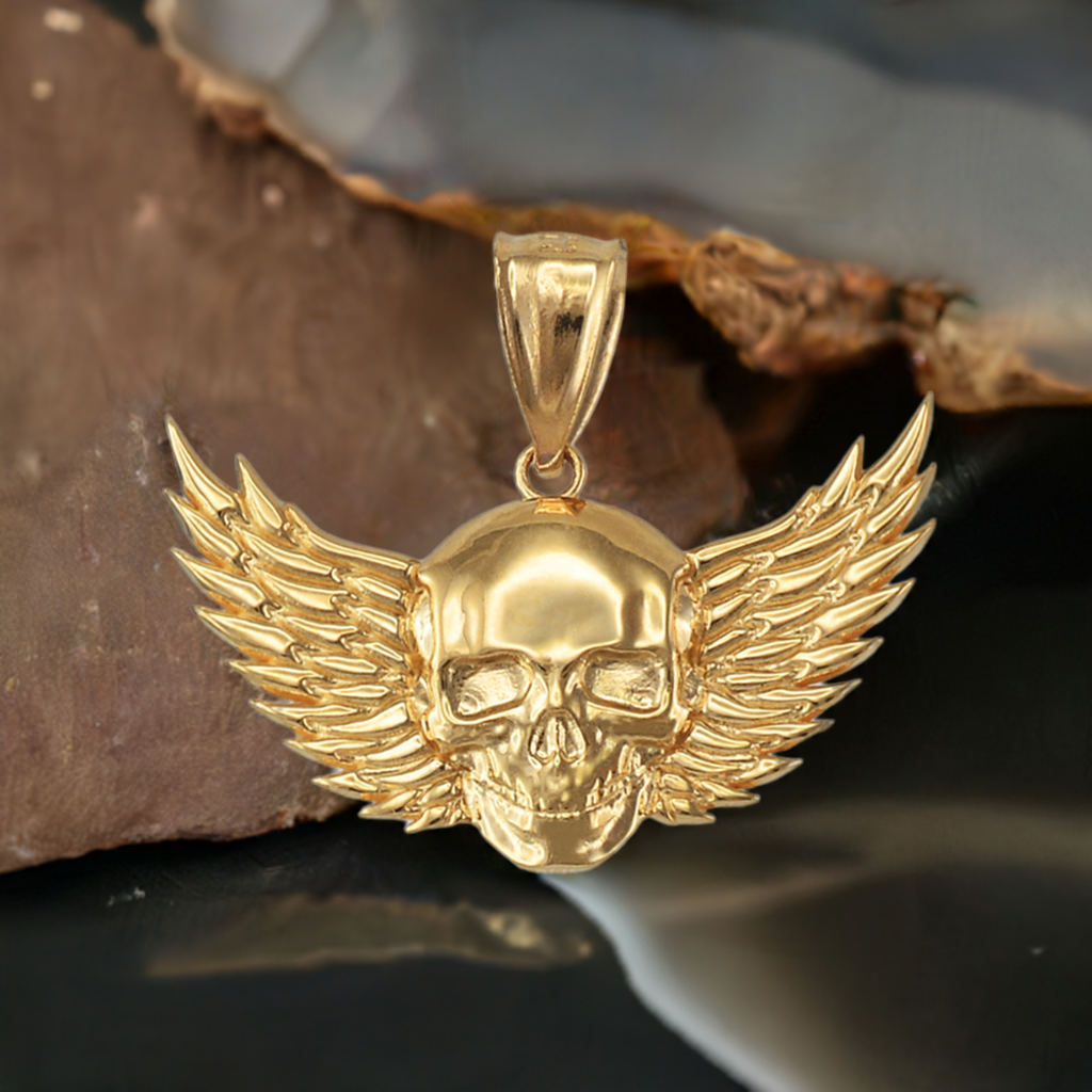 Polished Gold Winged Skull Pendant (yellow, white, rose gold, 10K, 14K)