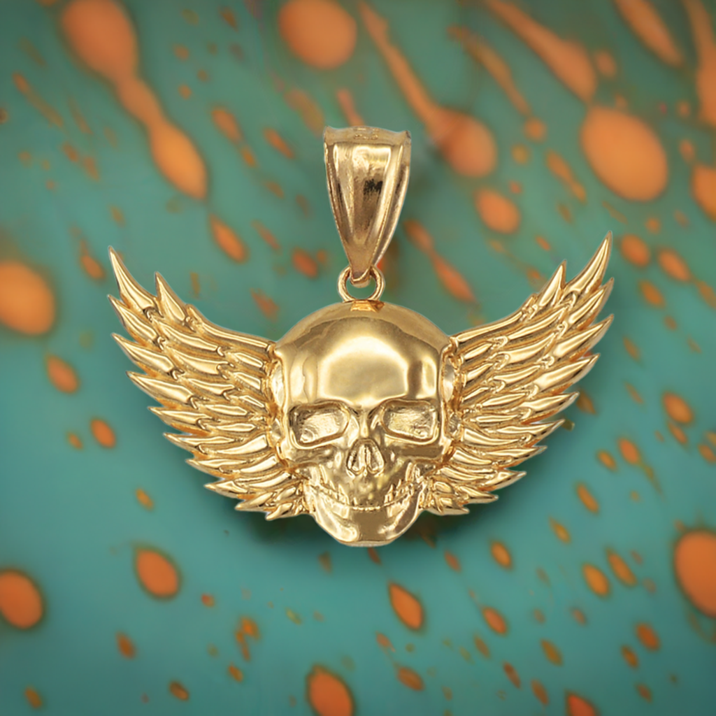 Polished Gold Winged Skull Pendant (yellow, white, rose gold, 10K, 14K)