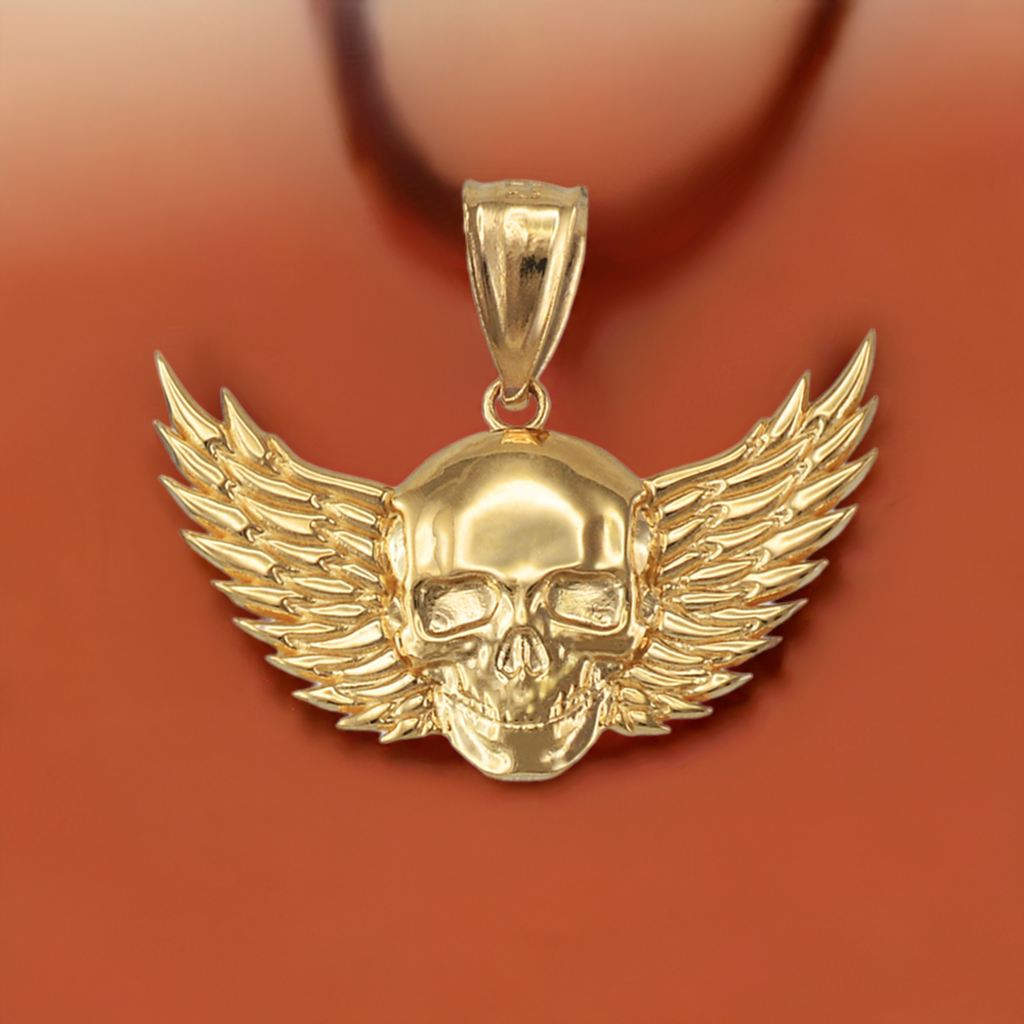 Polished Gold Winged Skull Pendant (yellow, white, rose gold, 10K, 14K)