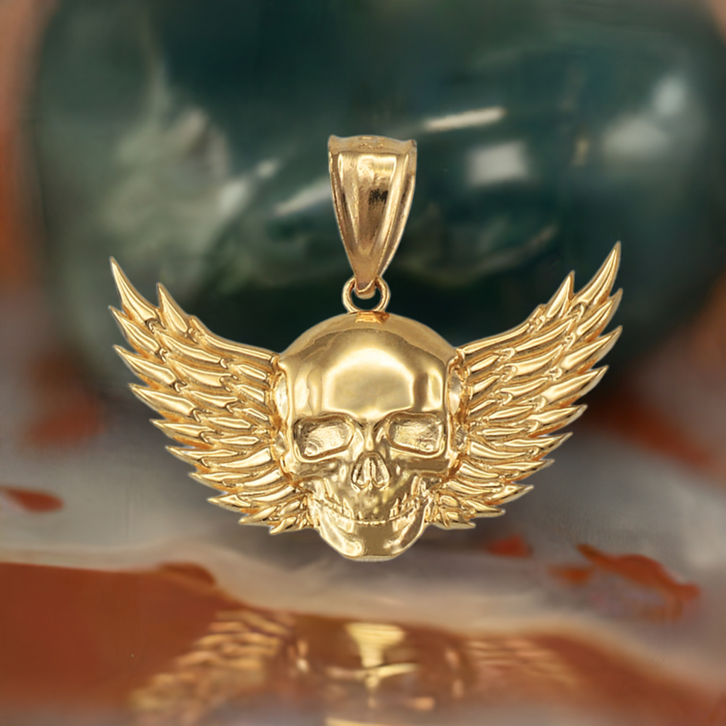 Polished Gold Winged Skull Pendant (yellow, white, rose gold, 10K, 14K)