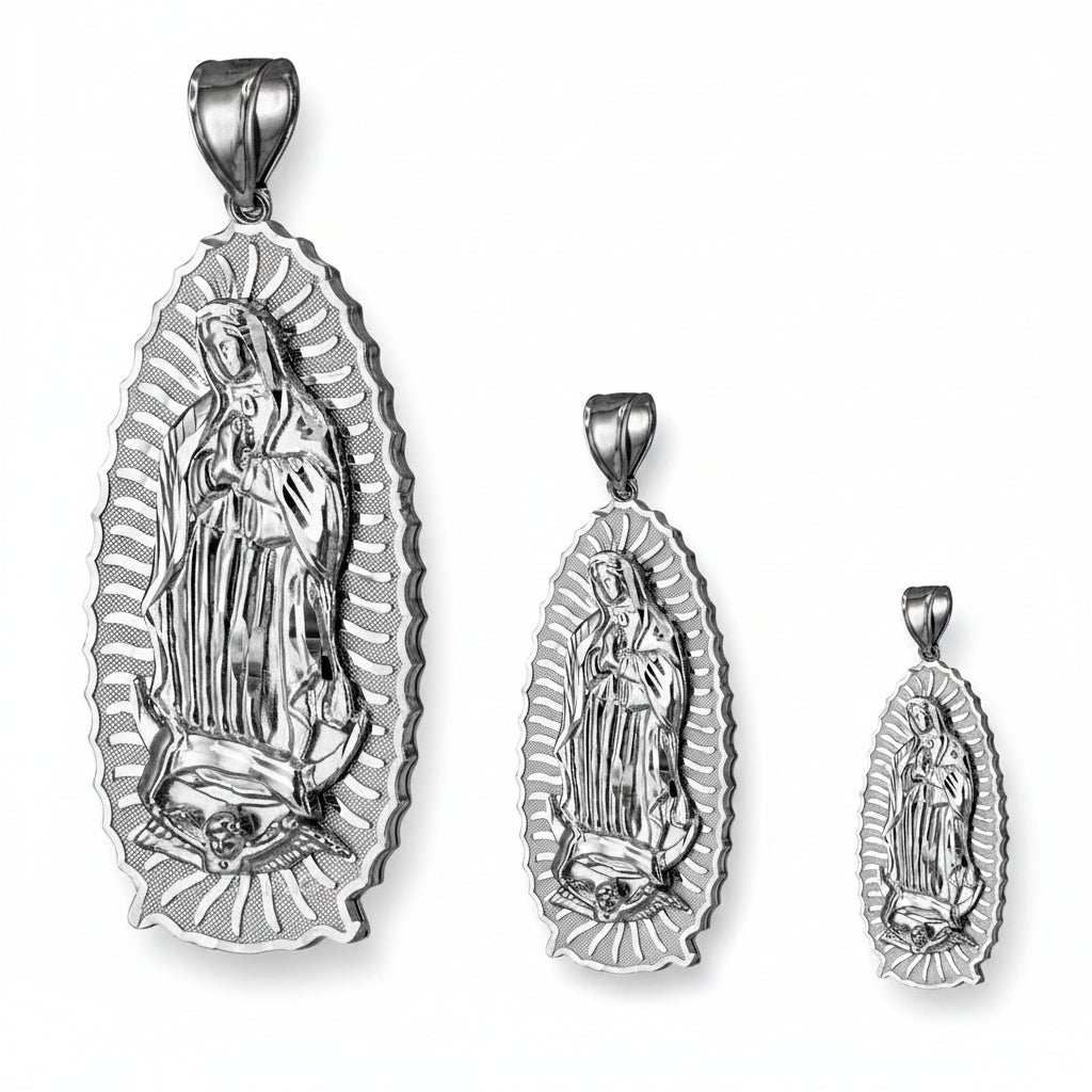Set of three sterling silver Our Lady of Guadalupe Virgin Mary pendants on white background