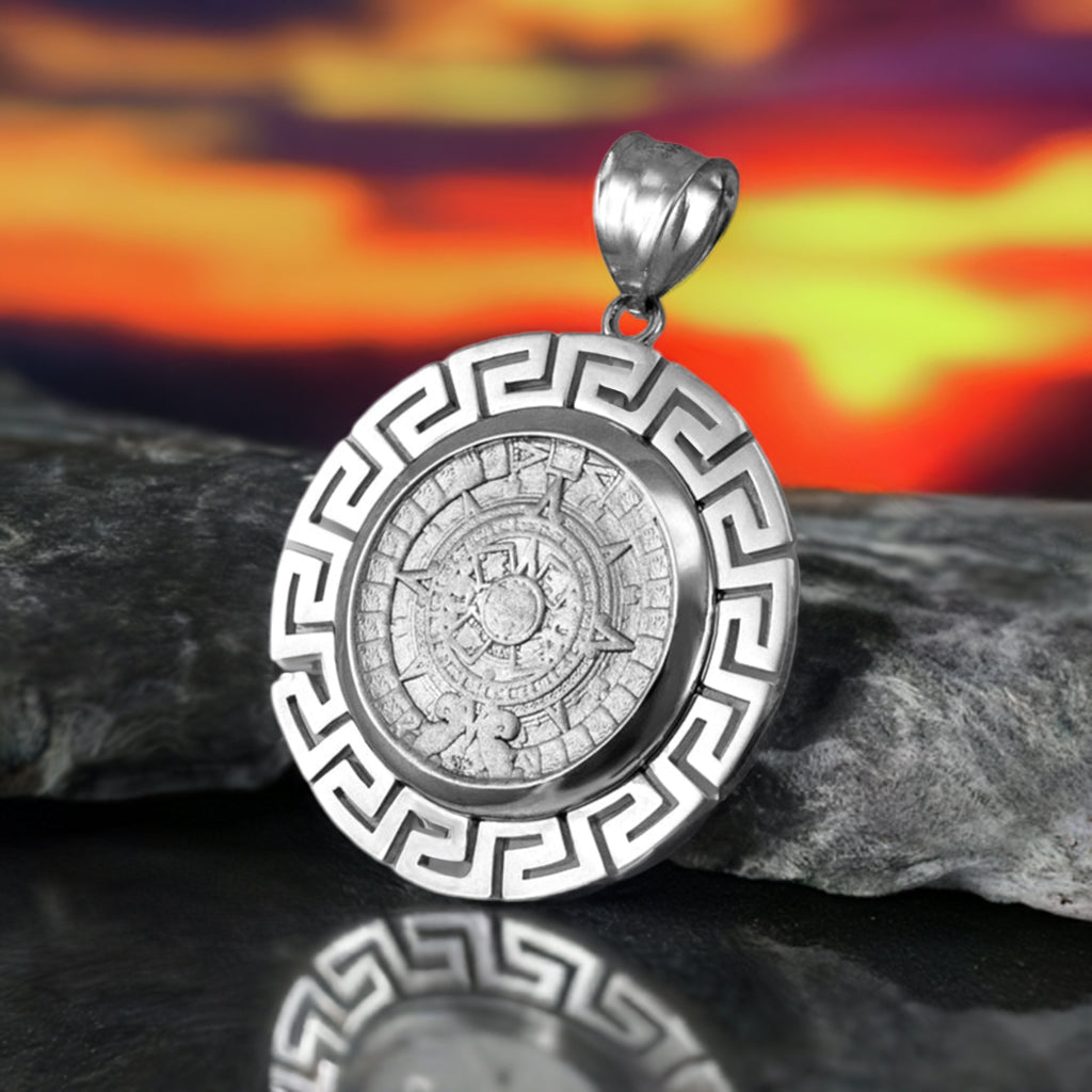 Gold Aztec Bezel Mayan Sun Calendar Pendant (yellow, white, rose gold, 14k, 10k)