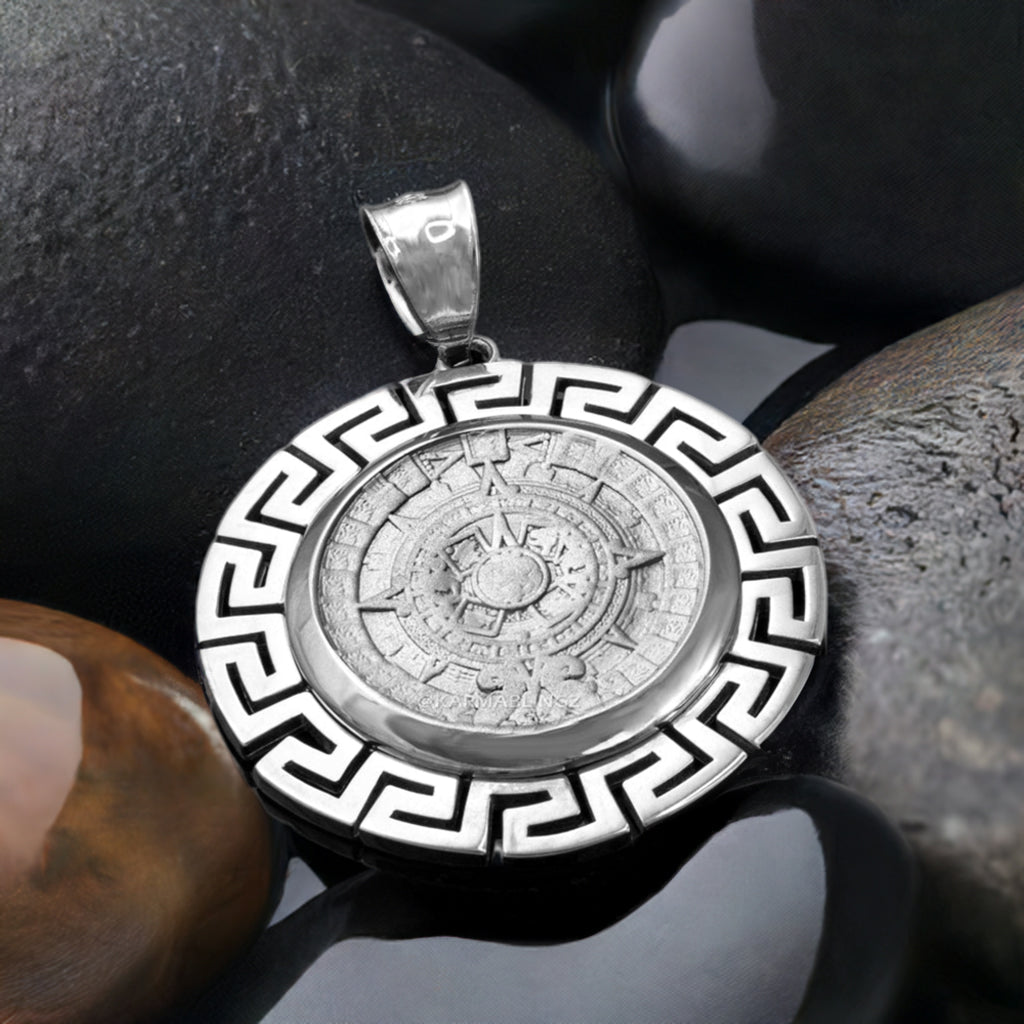 Sterling Silver Aztec Mayan Sun Stone Calendar Pendant – Ancient Symbol Jewelry