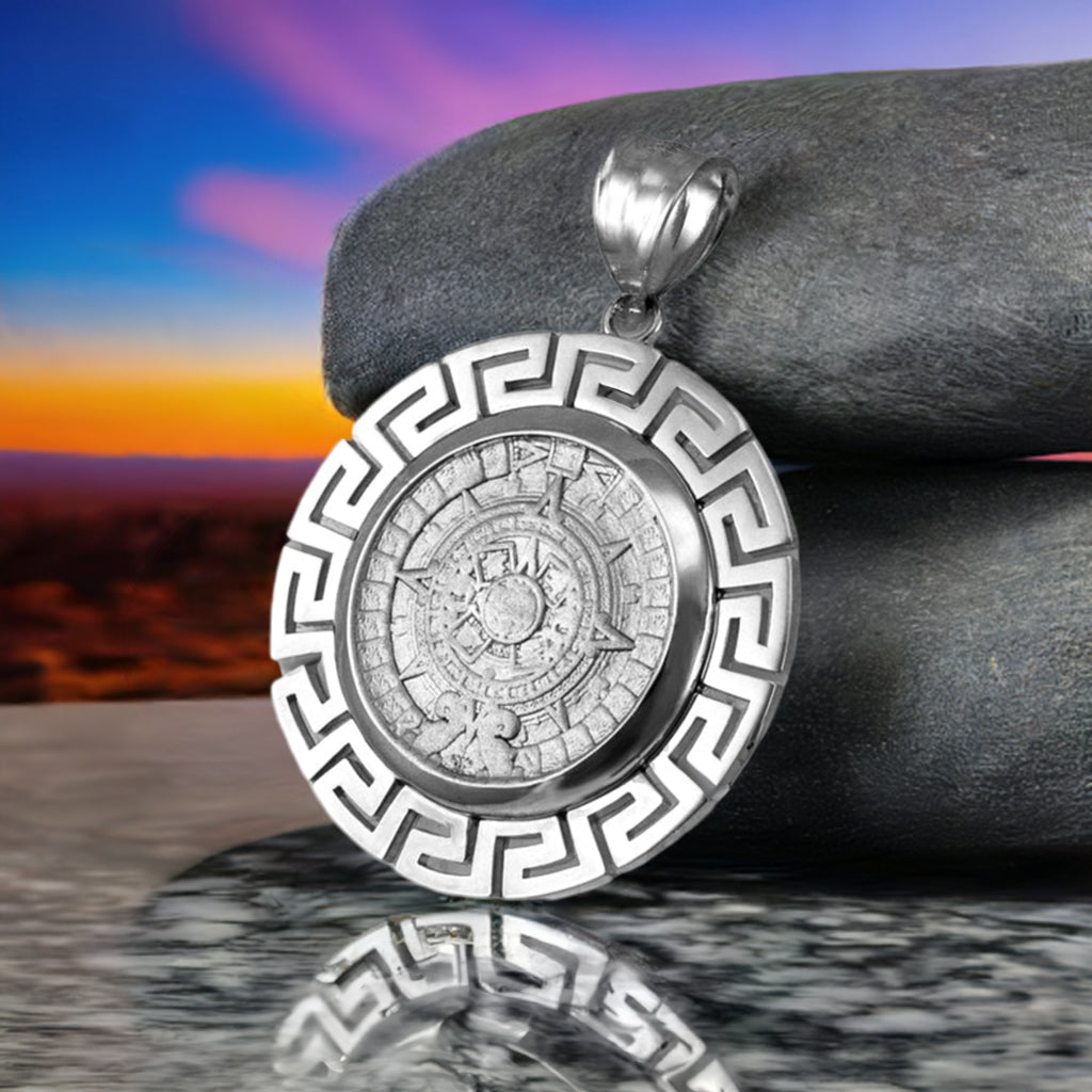 Sterling Silver Aztec Mayan Sun Stone Calendar Pendant – Ancient Symbol Jewelry