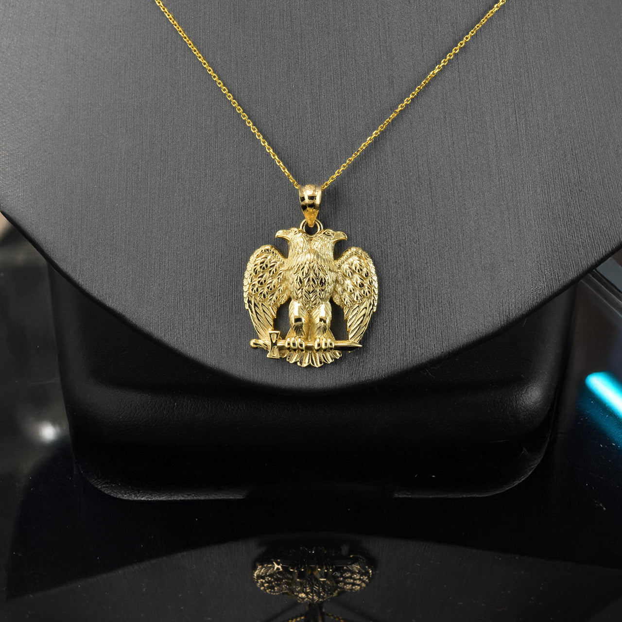 Solid Gold Byzantine Double Headed Eagle Pendant Necklace