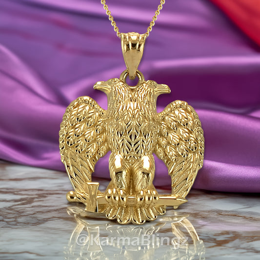 Solid Gold Byzantine Double Headed Eagle Pendant Necklace