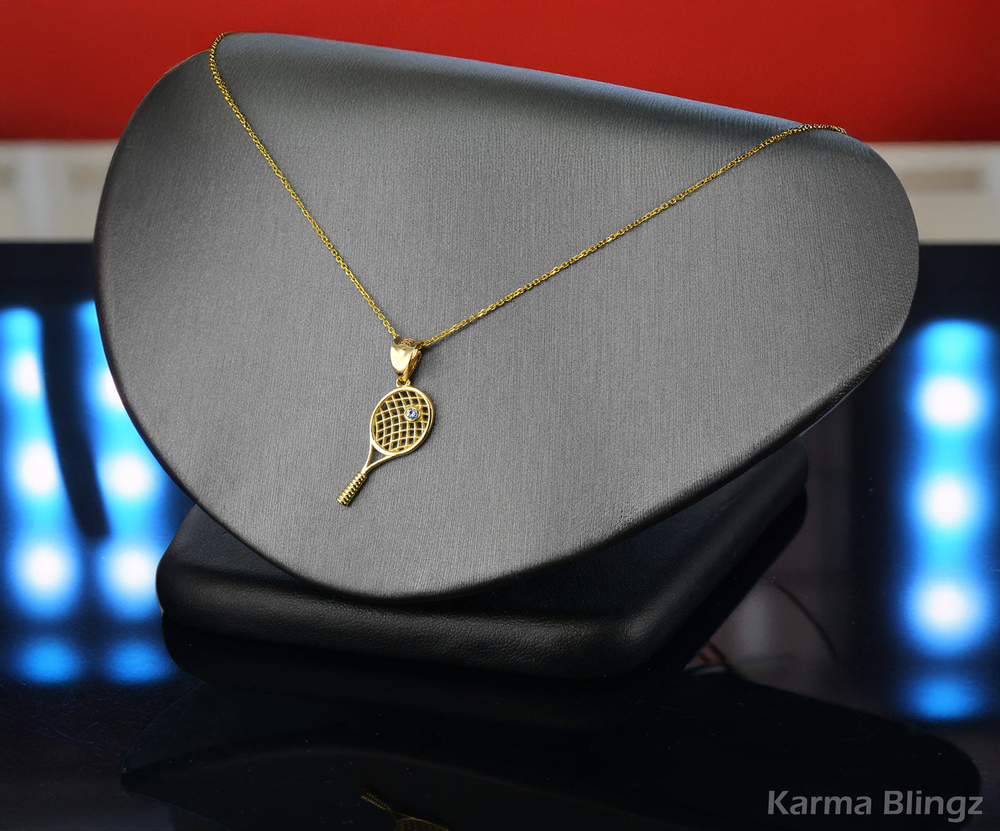 Yellow Gold Tennis Racket Pendant Diamond Charm Necklace for Women