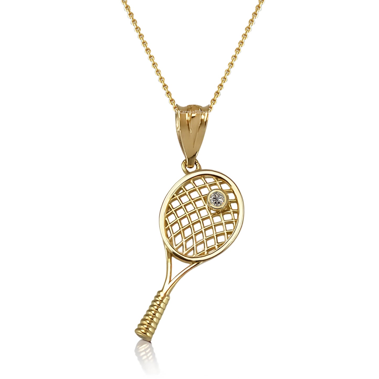 Yellow Gold Tennis Racket Pendant Diamond Charm Necklace for Women
