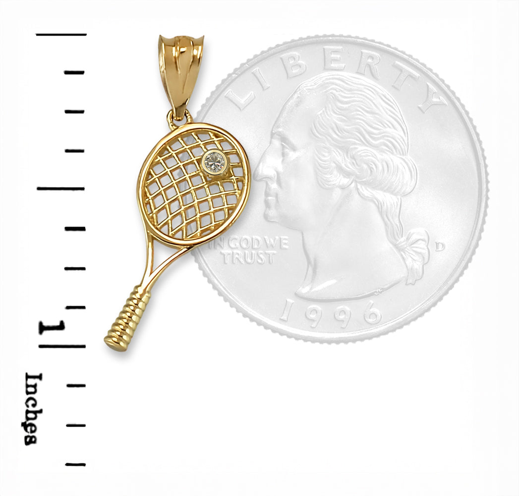 Yellow Gold Tennis Racket Pendant Diamond Charm Necklace for Women