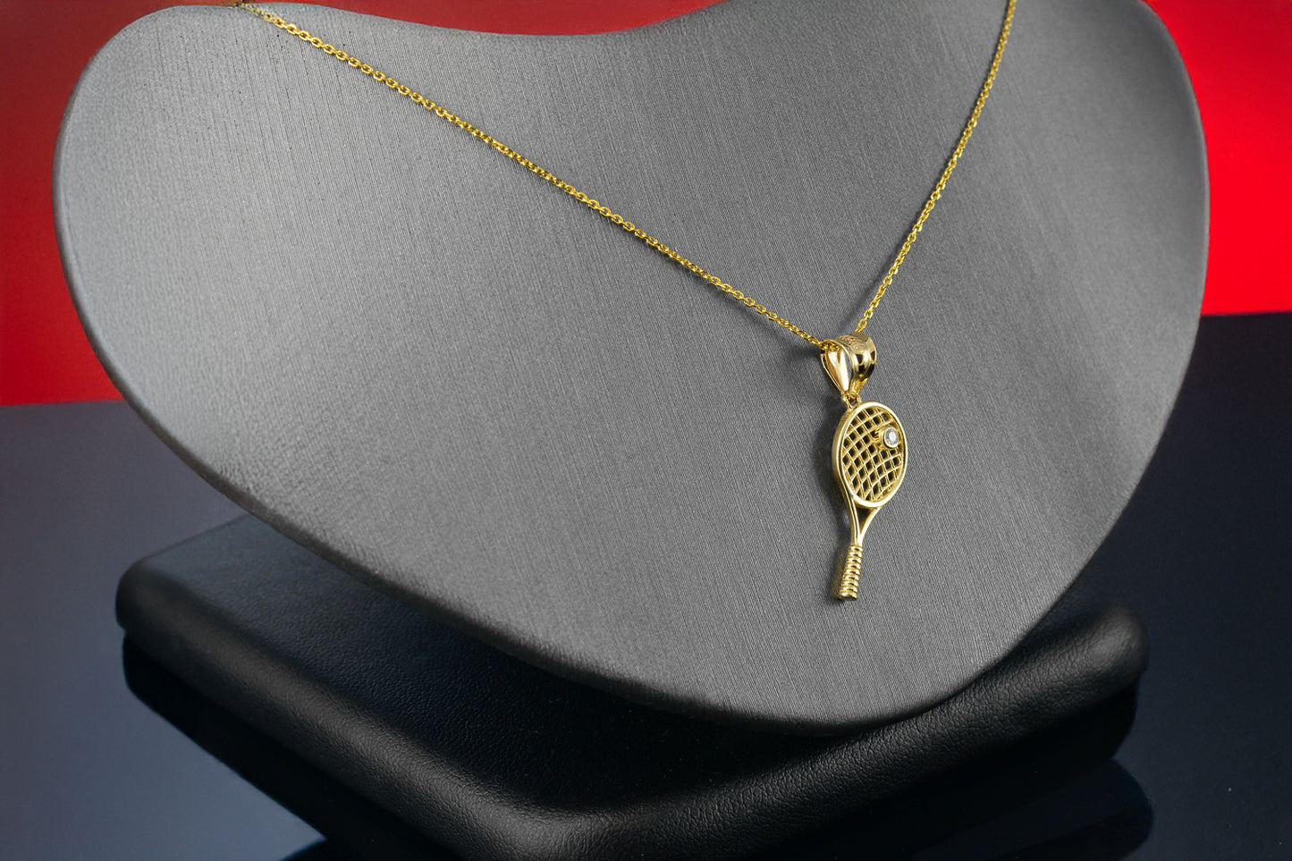 Yellow Gold Tennis Racket Pendant Diamond Charm Necklace for Women