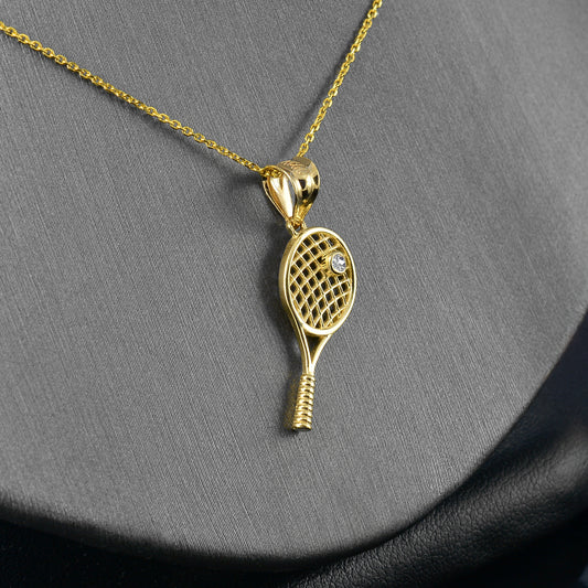 Yellow Gold Tennis Racket Pendant Diamond Charm Necklace for Women