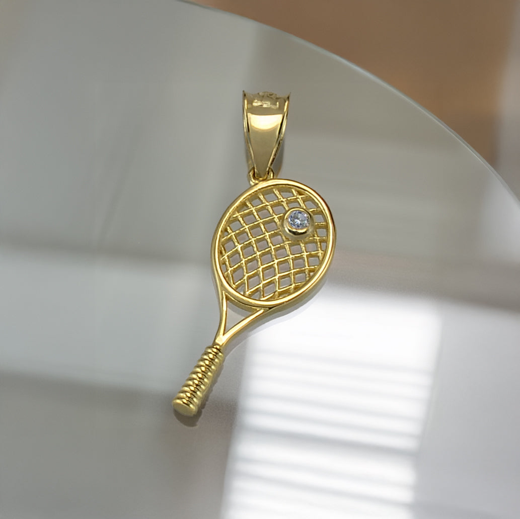 Yellow Gold Tennis Racket Pendant Diamond Charm Necklace for Women