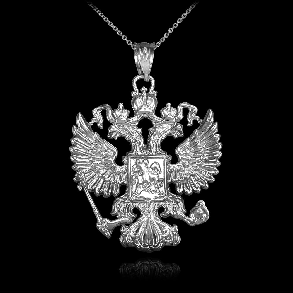 Sterling Silver Russian Coat of Arms Double-Headed Eagle Pendant Necklace