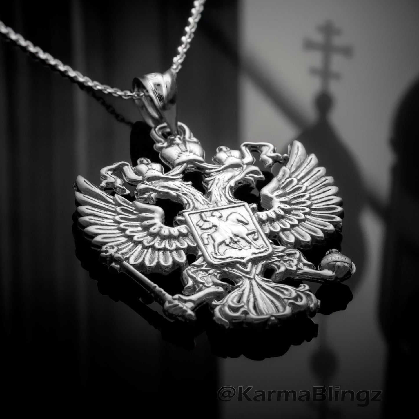 Sterling Silver Russian Coat of Arms Double-Headed Eagle Pendant Necklace