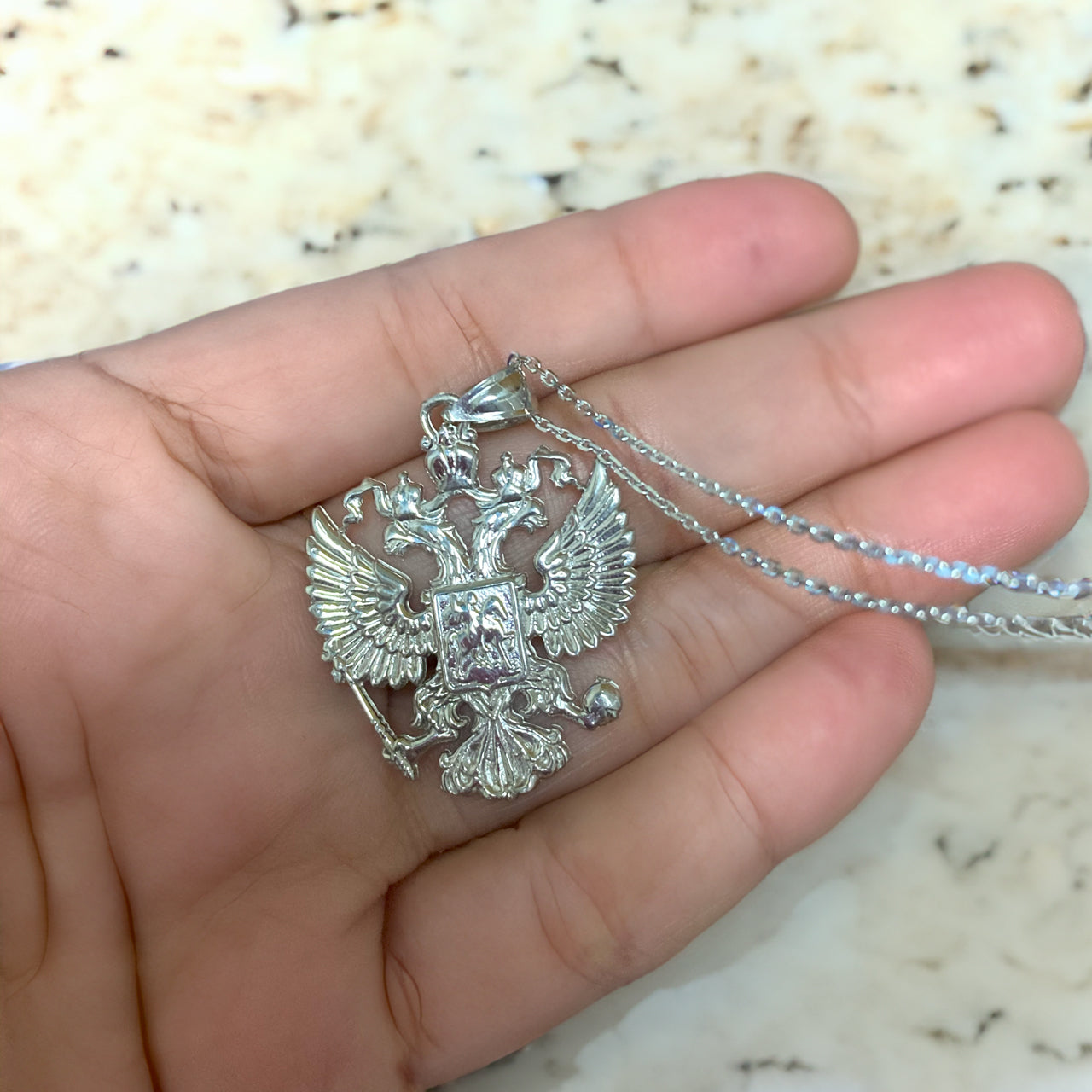 Sterling Silver Russian Coat of Arms Double-Headed Eagle Pendant Necklace