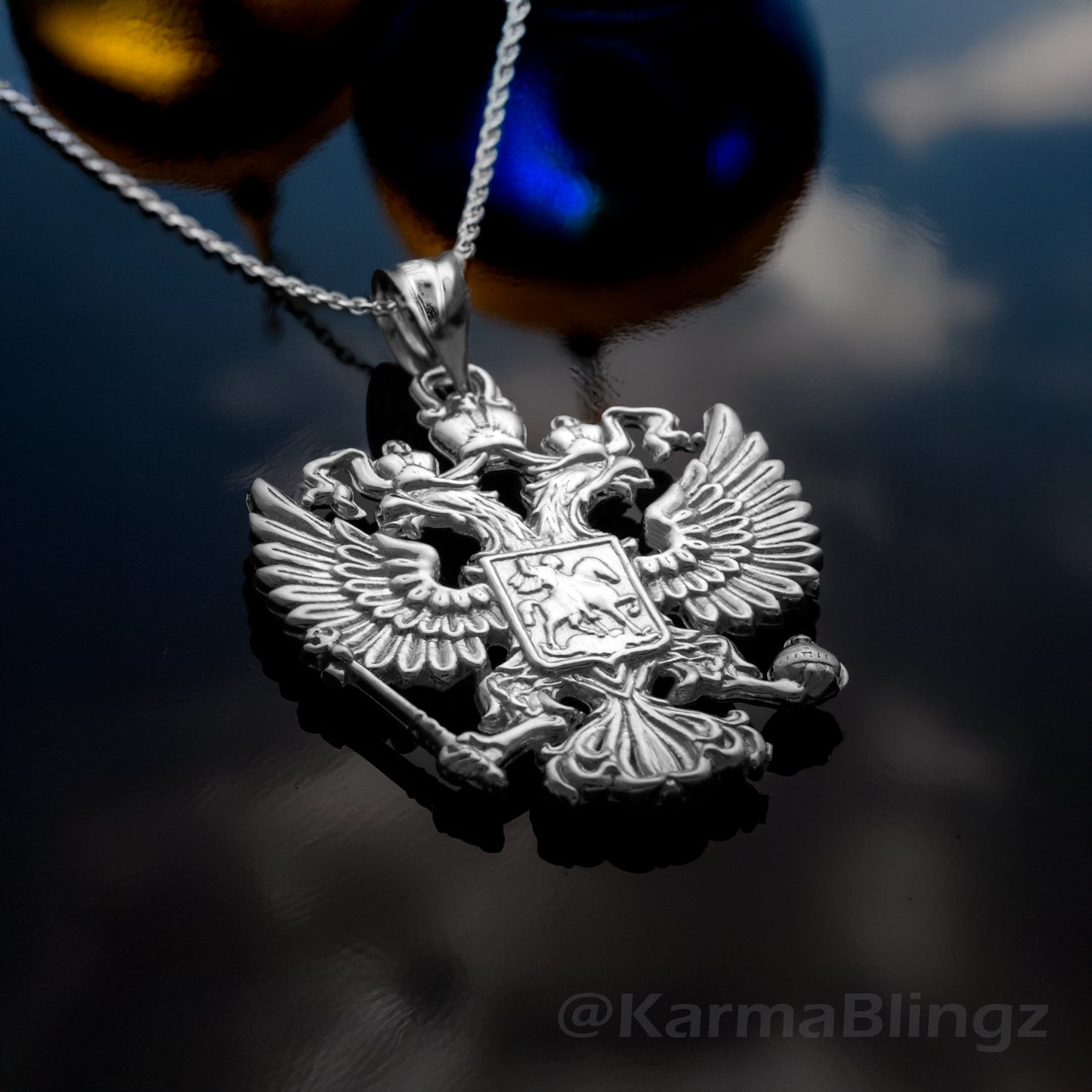 Sterling Silver Russian Coat of Arms Double-Headed Eagle Pendant Necklace