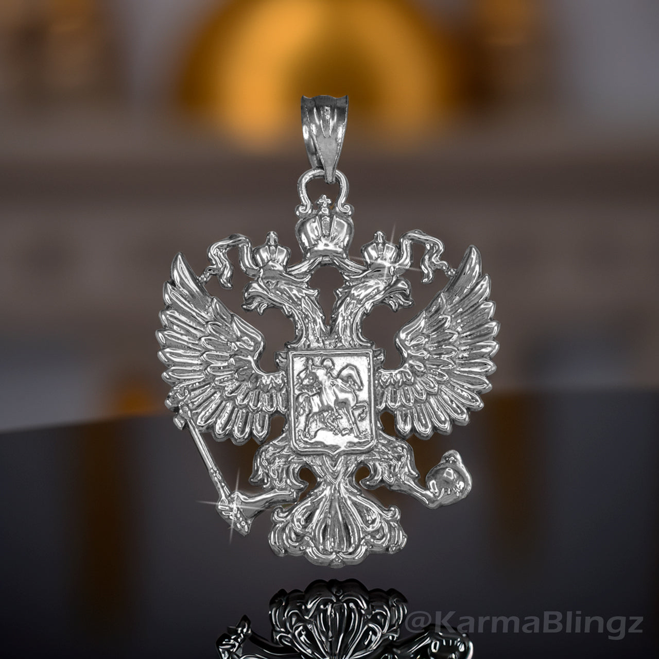 Sterling Silver Russian Coat of Arms Double-Headed Eagle Pendant Necklace