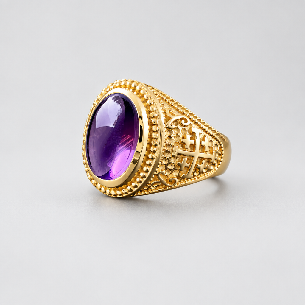 Gold Jerusalem Cross Purple Amethyst Cabochon Ring