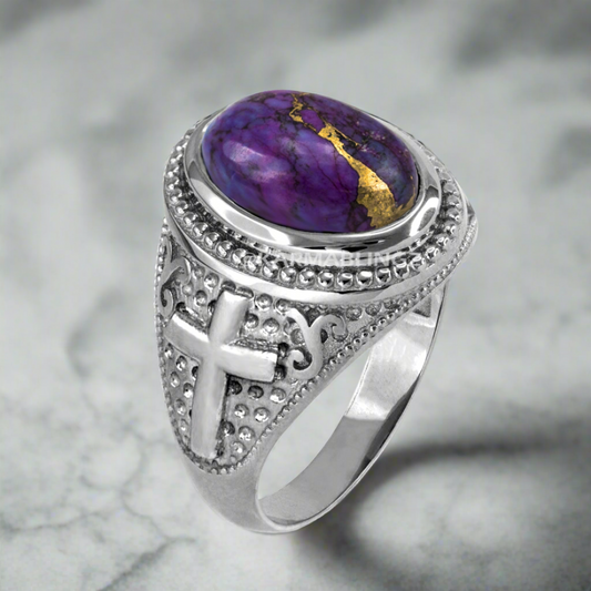 Sterling Silver Christian Cross Purple Copper Turquoise Ring