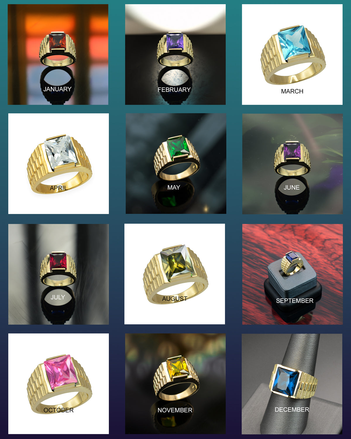 10K Yellow Gold Men's Square CZ Birthstone Ring