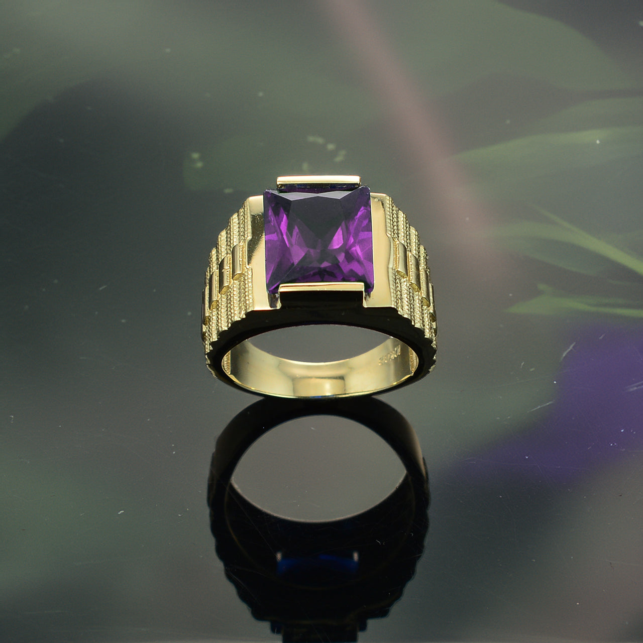 14K Yellow Gold Men's Square CZ Birthstone Ring