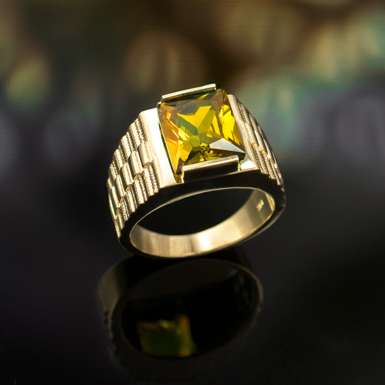10K Yellow Gold Men's Square CZ Birthstone Ring
