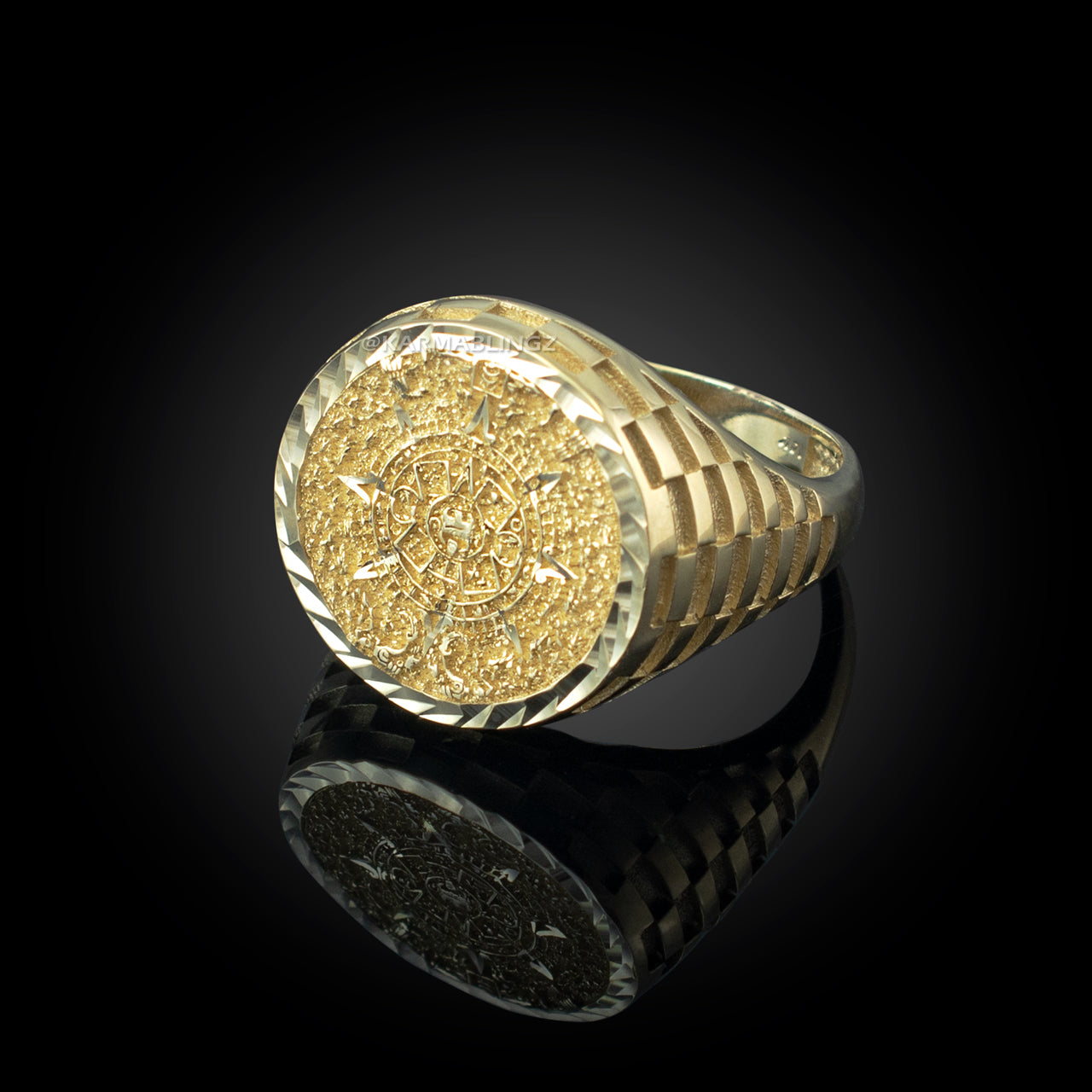 Gold Aztec Mayan Sun Calendar DC Unisex Signet Ring