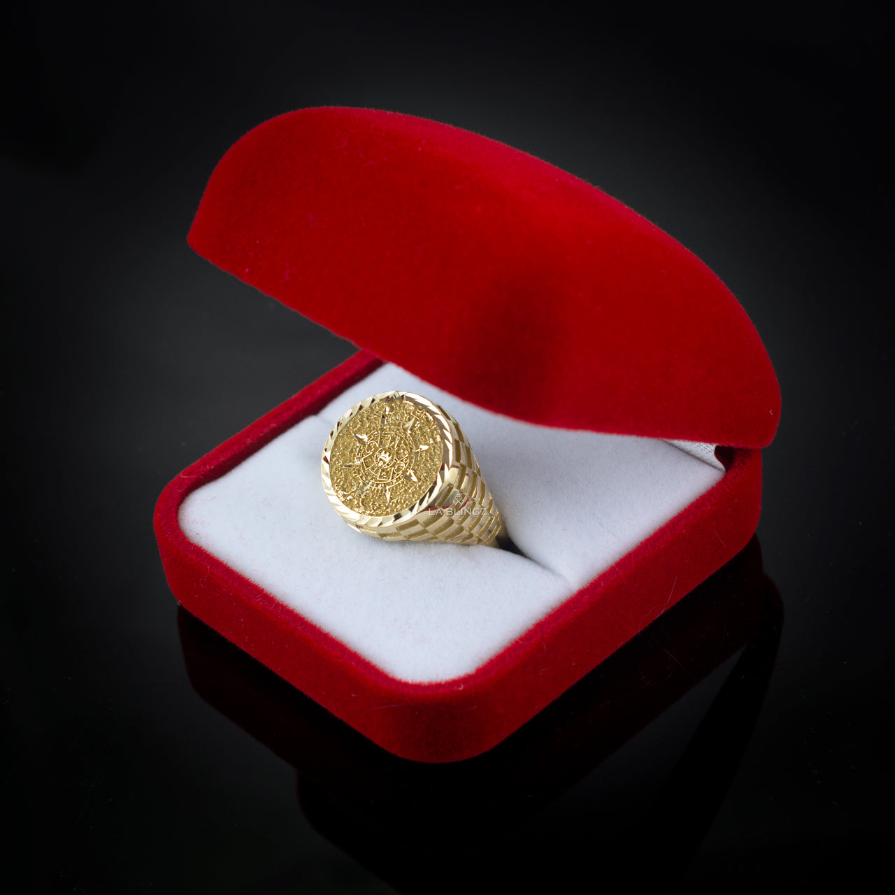 Gold Aztec Mayan Sun Calendar DC Unisex Signet Ring