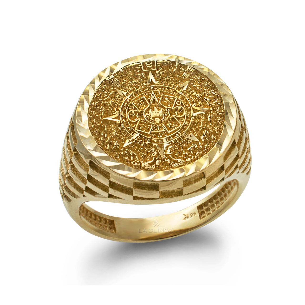 Gold Aztec Mayan Sun Calendar DC Unisex Signet Ring