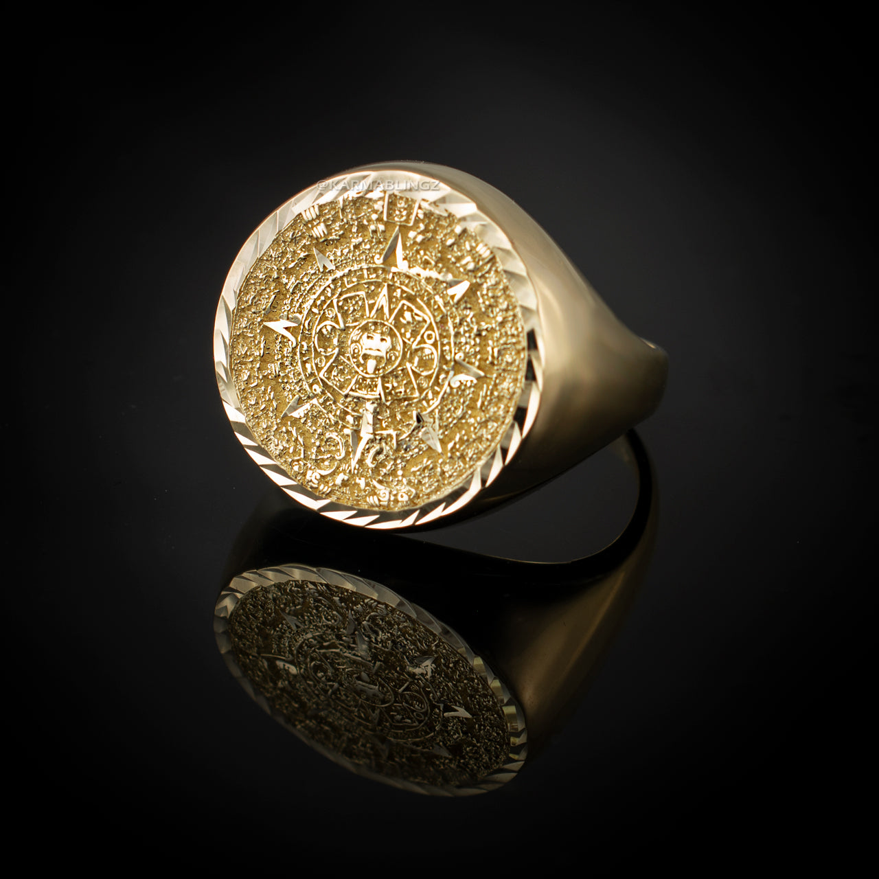 Gold Aztec Mayan Sun Calendar Men's DC Statement Ring