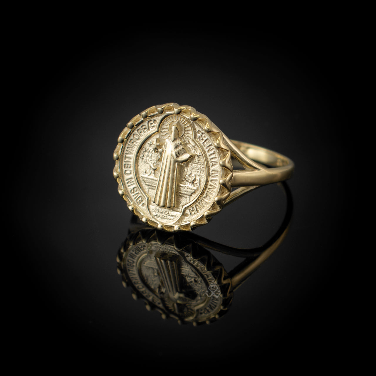 Solid Gold St. Benedict Coin Medallion Ring for Women