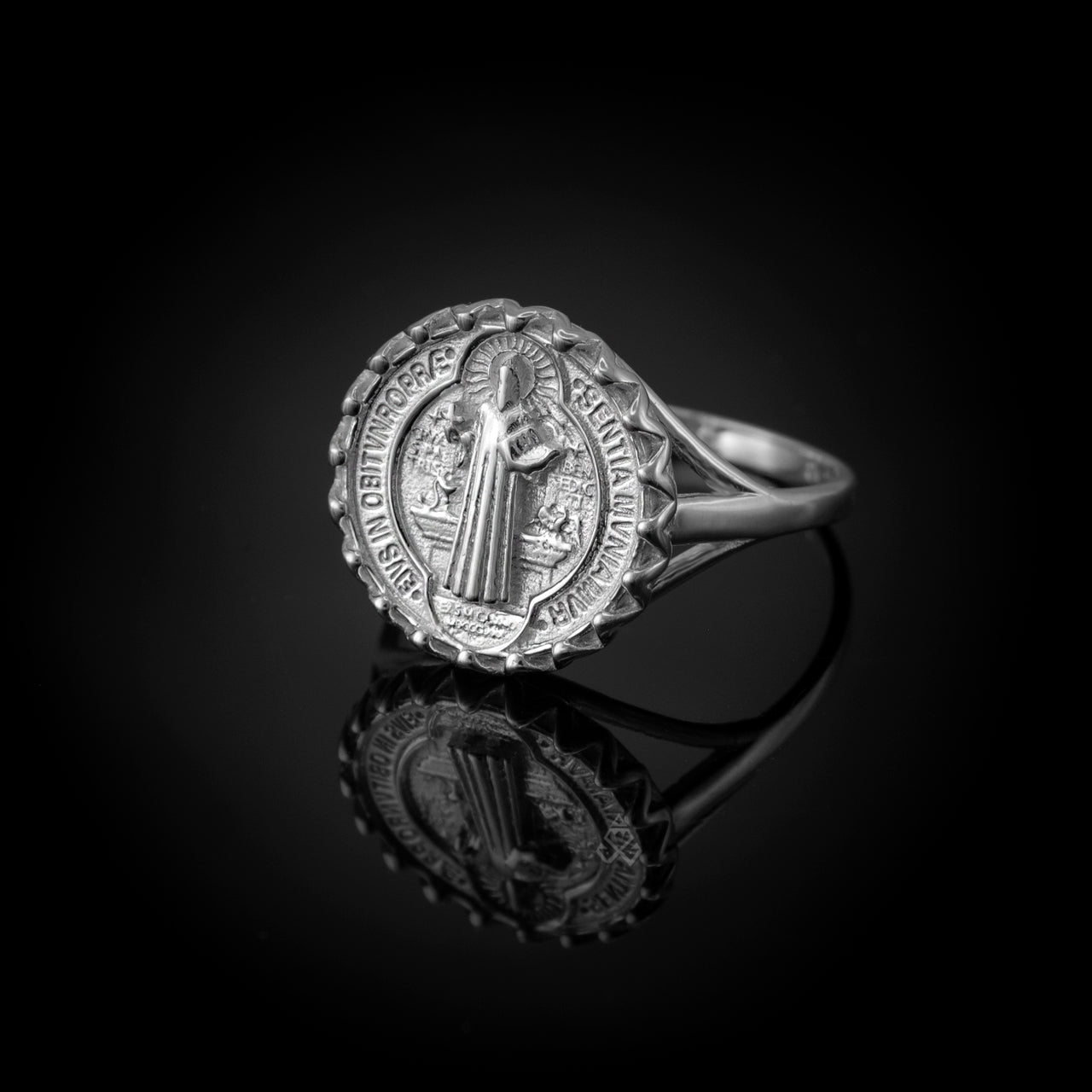 Solid Gold St. Benedict Coin Medallion Ring for Women