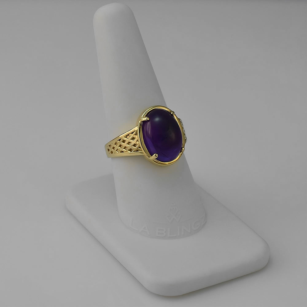 Yellow Gold Amethyst Oval Cabochon Lattice Band Women's Ring