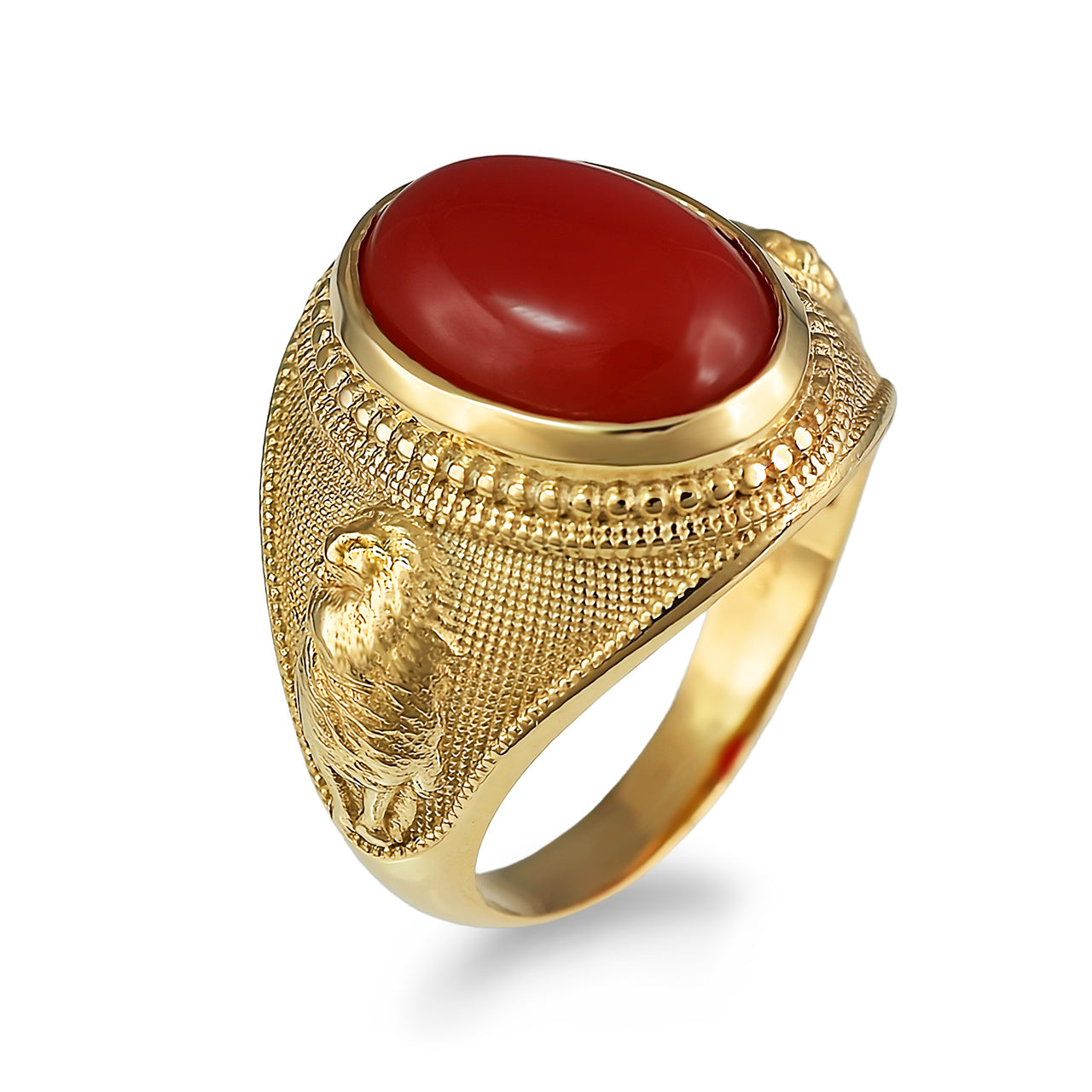 Yellow Gold Lion Band Red Onyx Oval Cabochon Gemstone Statement Ring