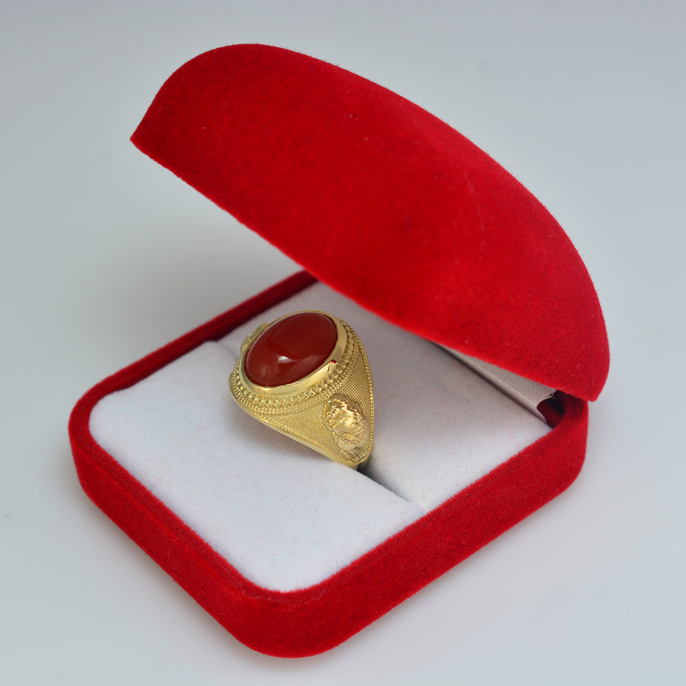 Yellow Gold Lion Band Red Onyx Oval Cabochon Gemstone Statement Ring