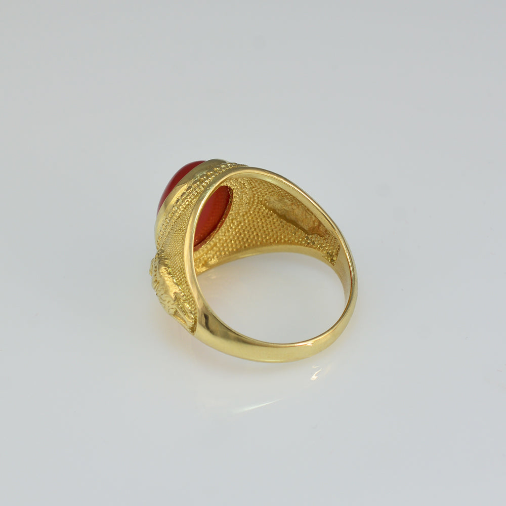 Yellow Gold Lion Band Red Onyx Oval Cabochon Gemstone Statement Ring