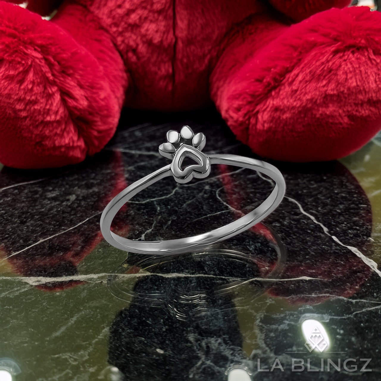 Minimalist Gold Paw Print Heart Ring For Women, 10K 14K, Yellow, White, Rose