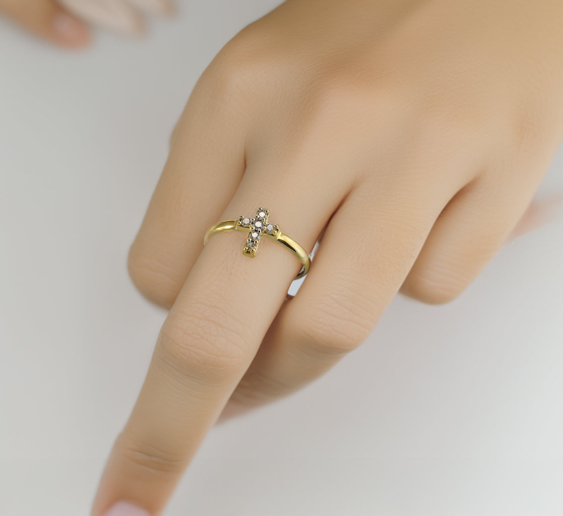 Elegant Minimalist Diamond Cross Gold Ring for Women 14K Yellow, White, or Rose Gold